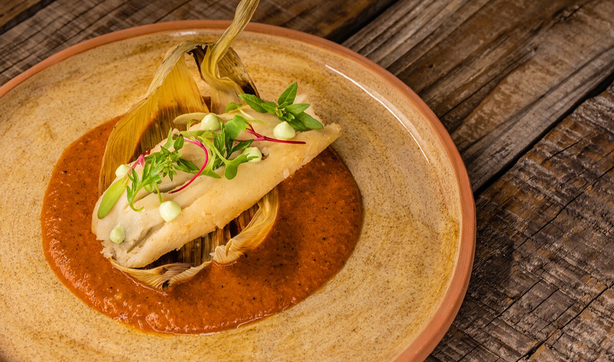 Tamal de papa relleno de espinacas, flor de zucchini, salsa de chiles y emulsión de aguacate – - Receta