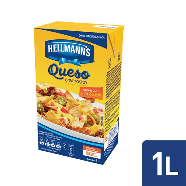Hellmann's® Queso Cheddar 1 L - Con Hellmann’s® Queso Cheddar puede realizar diversas preparaciones. Es un producto que esta listo para usarse y le sorprenderá por su auténtico sabor a Queso Cheddar.