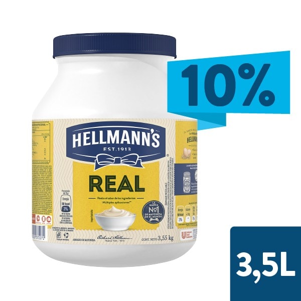 Hellmann’s® Mayonesa Real 3,55 kg (Aplica para clientes nuevos) - Hellmann’s® Real realza el sabor de los ingredientes en tus preparaciones y tiene un excelente desempeño culinario.