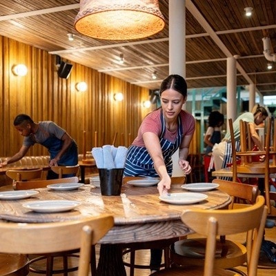 Latin American waitress setting a table while working at a restaurant - food service occupation concepts
